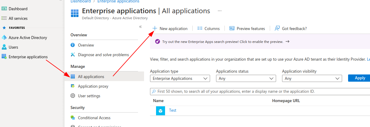 Screenshot of Azure Active Directory with the New Application option highlighted